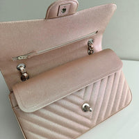 CHANEL Metallic Caviar Chevron Quilted Medium Double Flap Light Gold