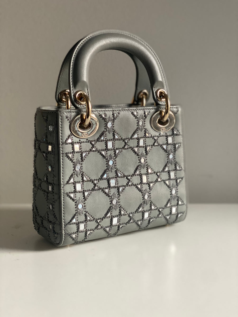 CHRISTIAN DIOR MINI LADY DIOR LIMITED EDITION LAMBSKIN GREY LGHW