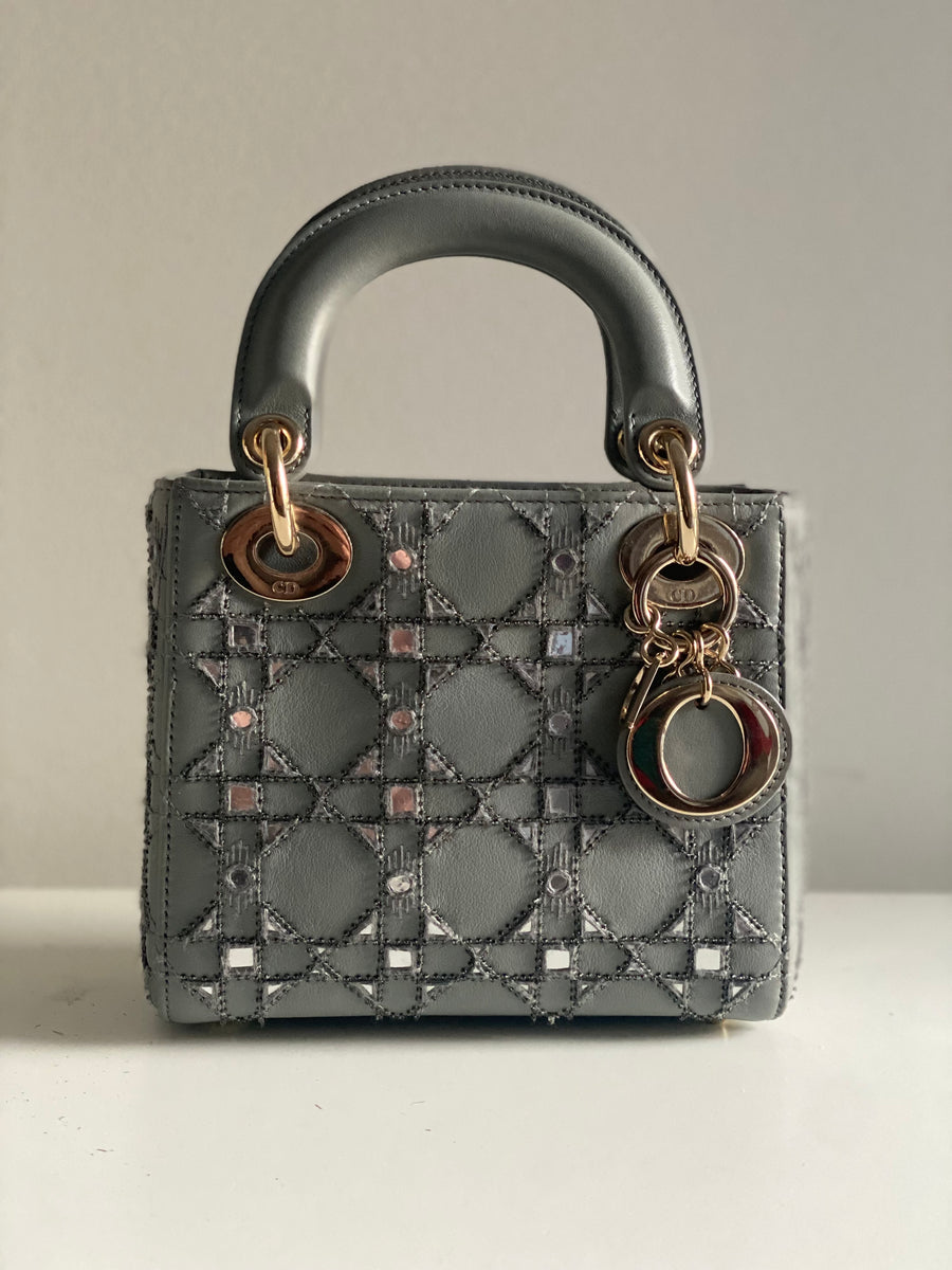 CHRISTIAN DIOR MINI LADY DIOR LIMITED EDITION LAMBSKIN GREY LGHW